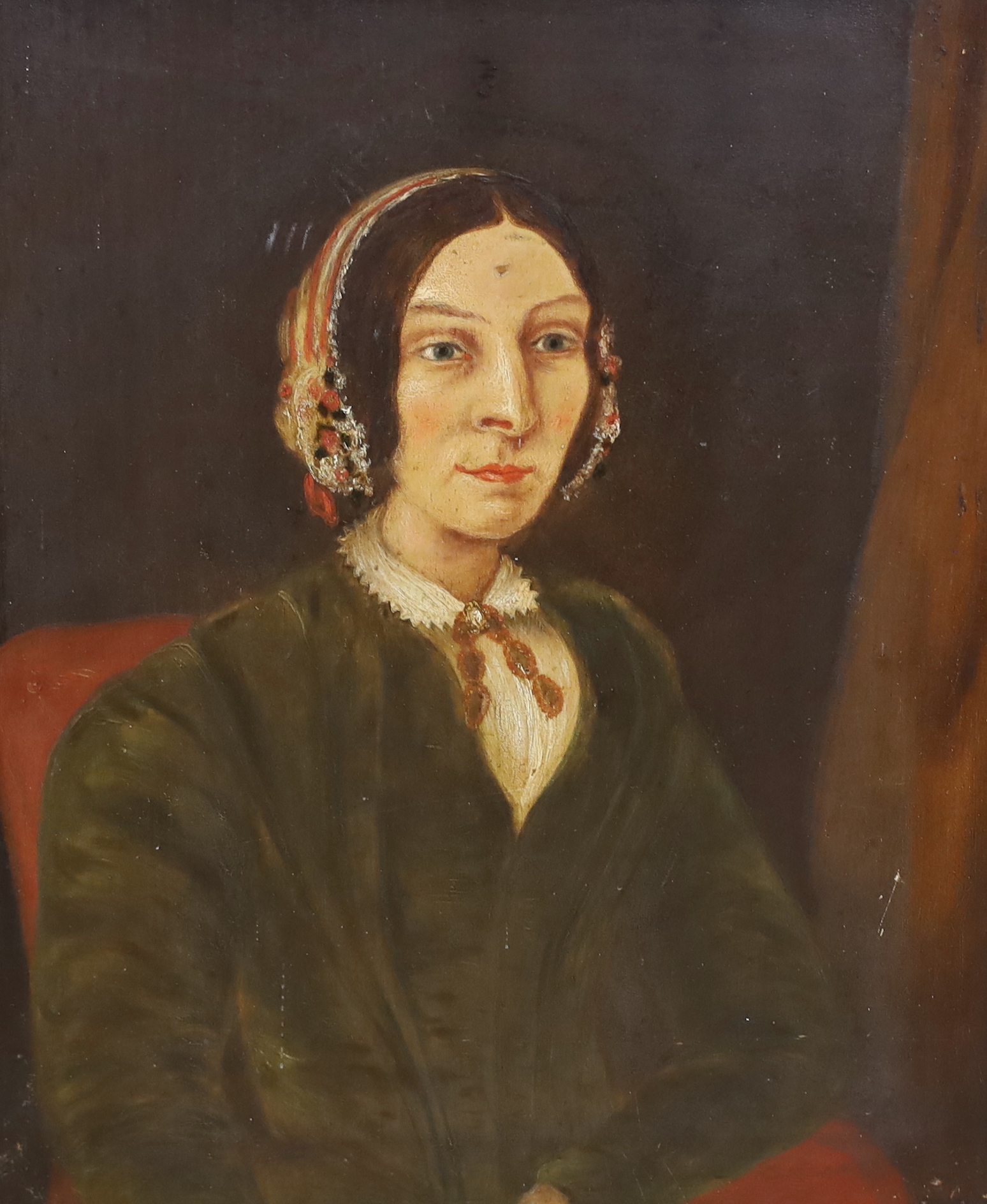 19th century naïve school, oil on board, Portrait of a lady, together with an oil on board of a river landscape, largest 36cm x 28cm